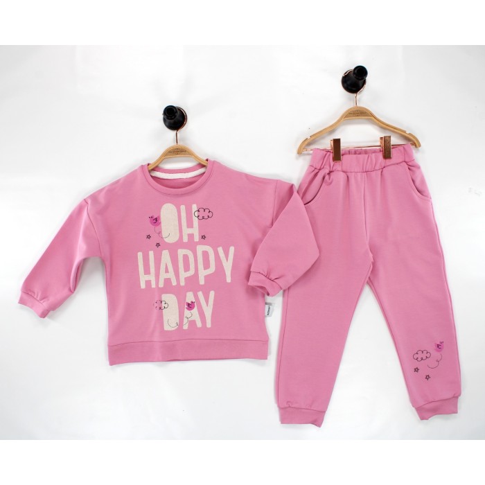 Hapy Day Baskılı İçi Şardonsuz İkili Takım Pembe  3-6 Y